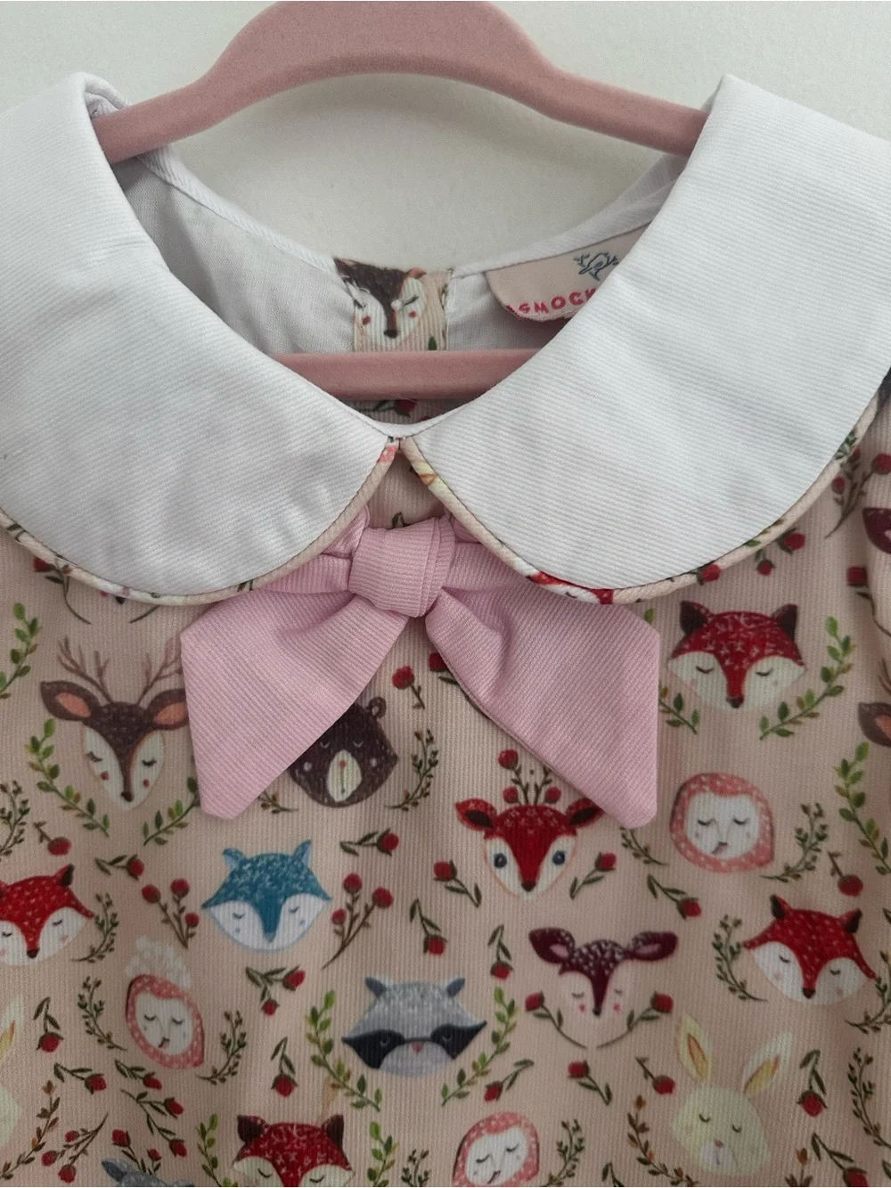Smockingbird Girls Woodland Animal Print Peter Pan Collar Top with Pink Bow